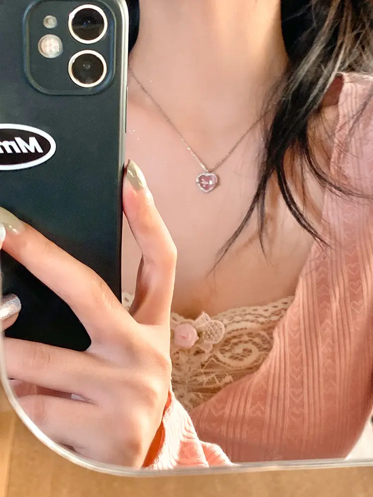 Women's Pink Love Titanium Necklace with Crystal Center — feature 19