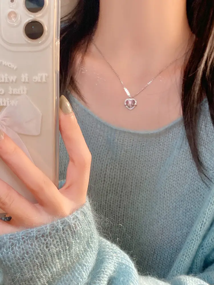Women's Pink Love Titanium Necklace with Crystal Center — feature 21
