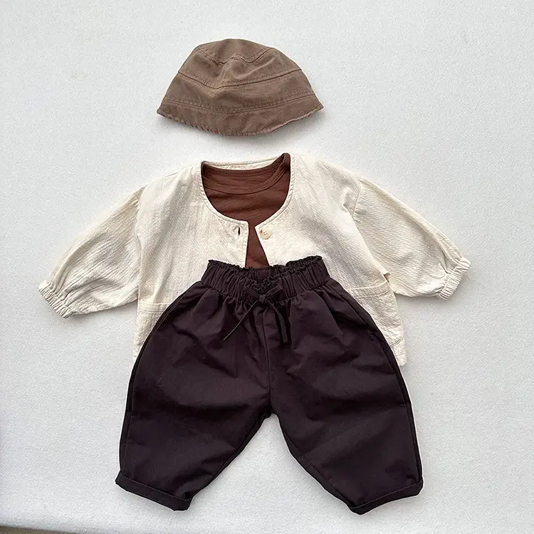 Girls Cotton Western Crop Pants Set Brown White