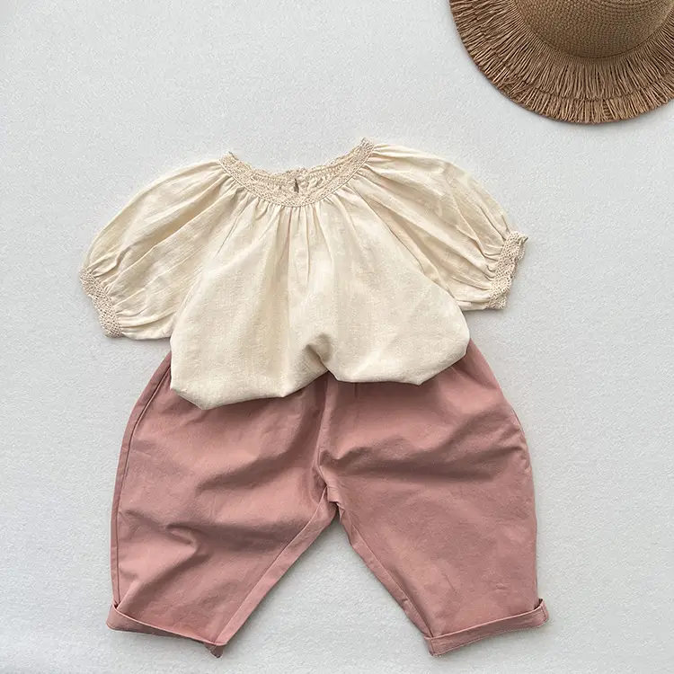 Girls Cotton Western Crop Pants Set Brown White