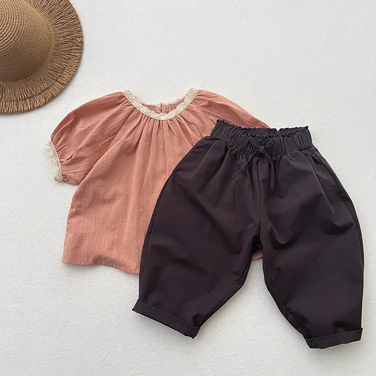 Girls Cotton Western Crop Pants Set Brown White — feature 9