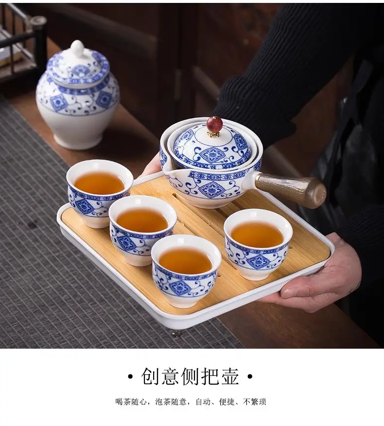 Blue Floral Travel Tea Set with Wooden Handle — feature 14