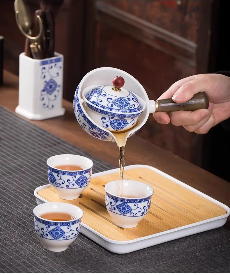 Blue Floral Travel Tea Set with Wooden Handle — feature 7