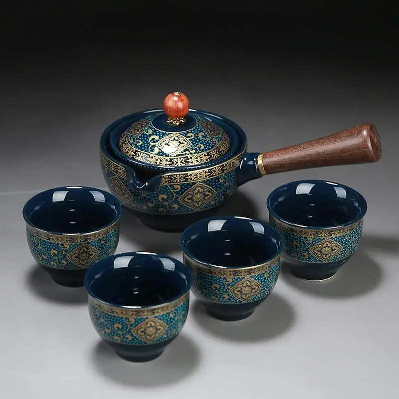 Blue Floral Travel Tea Set with Wooden Handle - Image 23