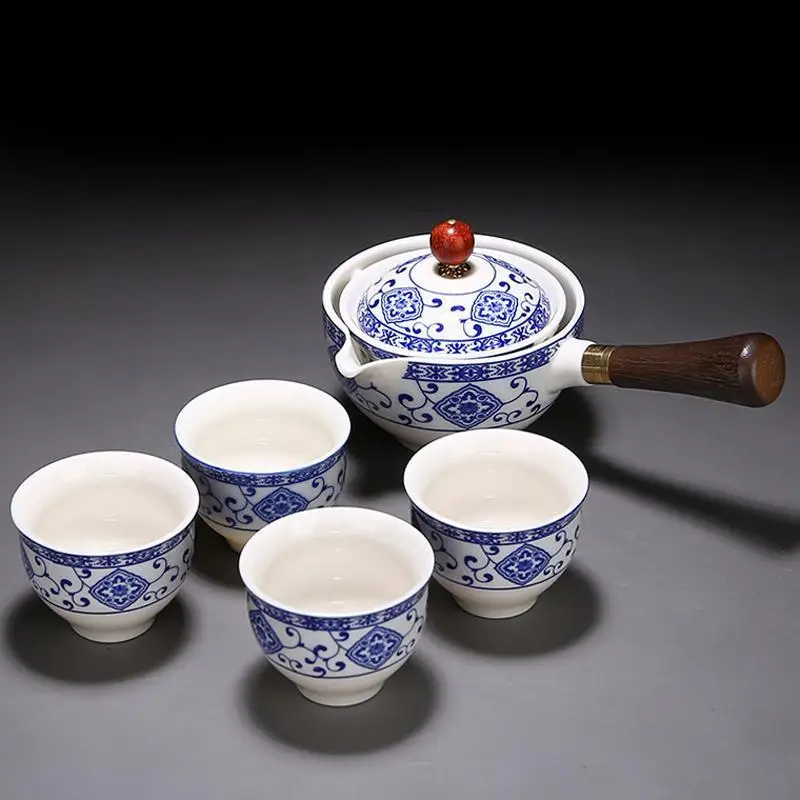 Blue Floral Travel Tea Set with Wooden Handle - Image 24