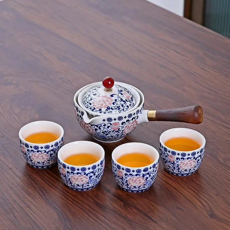 Blue Floral Travel Tea Set with Wooden Handle - Image 25