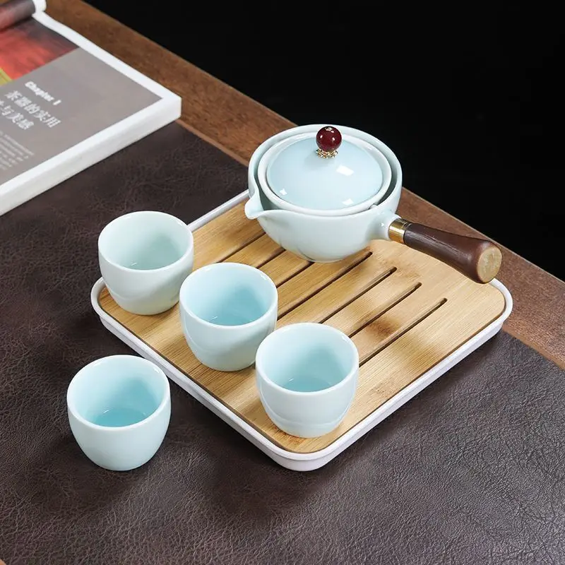 Blue Floral Travel Tea Set with Wooden Handle - Image 26