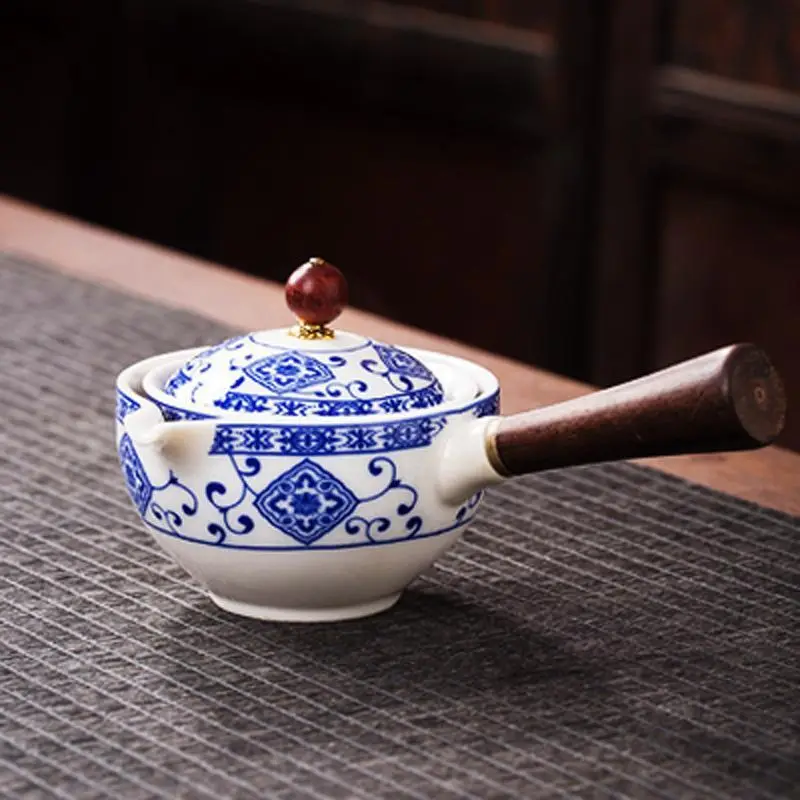 Blue Floral Travel Tea Set with Wooden Handle - Image 3