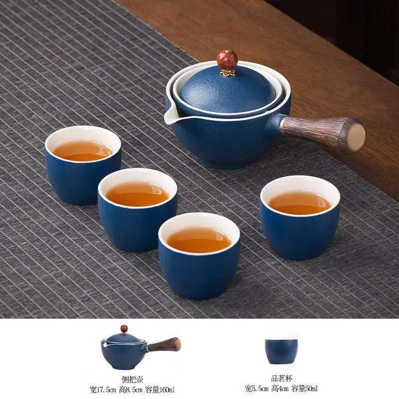 Blue Floral Travel Tea Set with Wooden Handle - Image 30