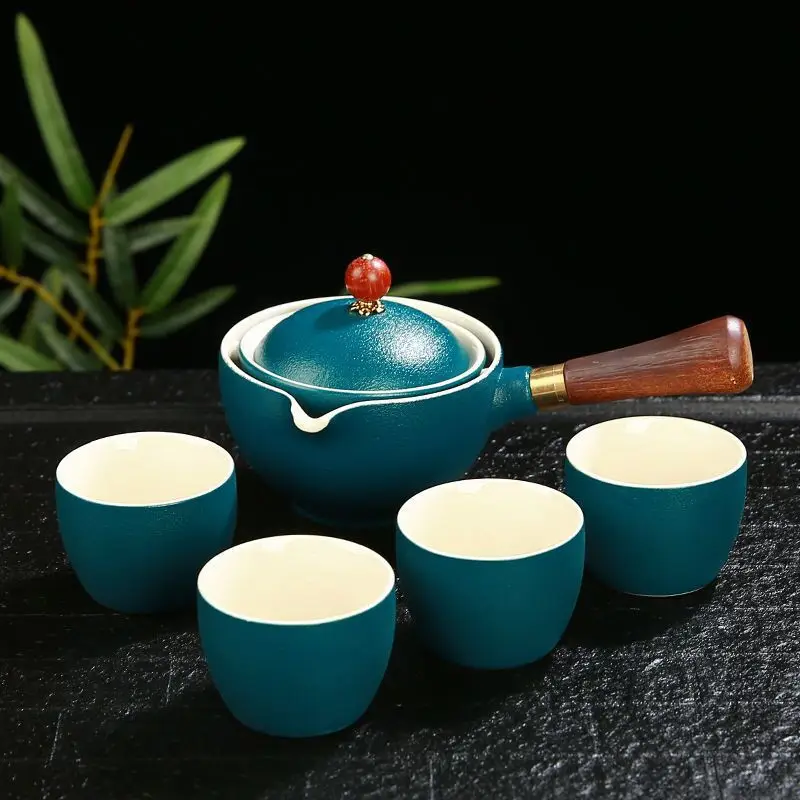 Blue Floral Travel Tea Set with Wooden Handle - Image 33