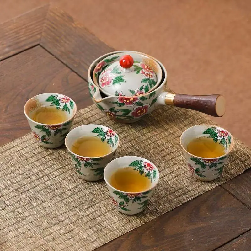 Blue Floral Travel Tea Set with Wooden Handle - Image 37