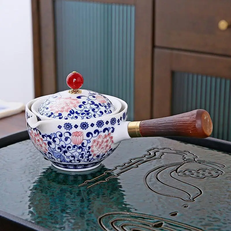 Blue Floral Travel Tea Set with Wooden Handle - Image 5