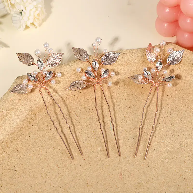 Three-Piece Pearl Leaf Hairpins Set for Bridal Hair Accessories - Image 3
