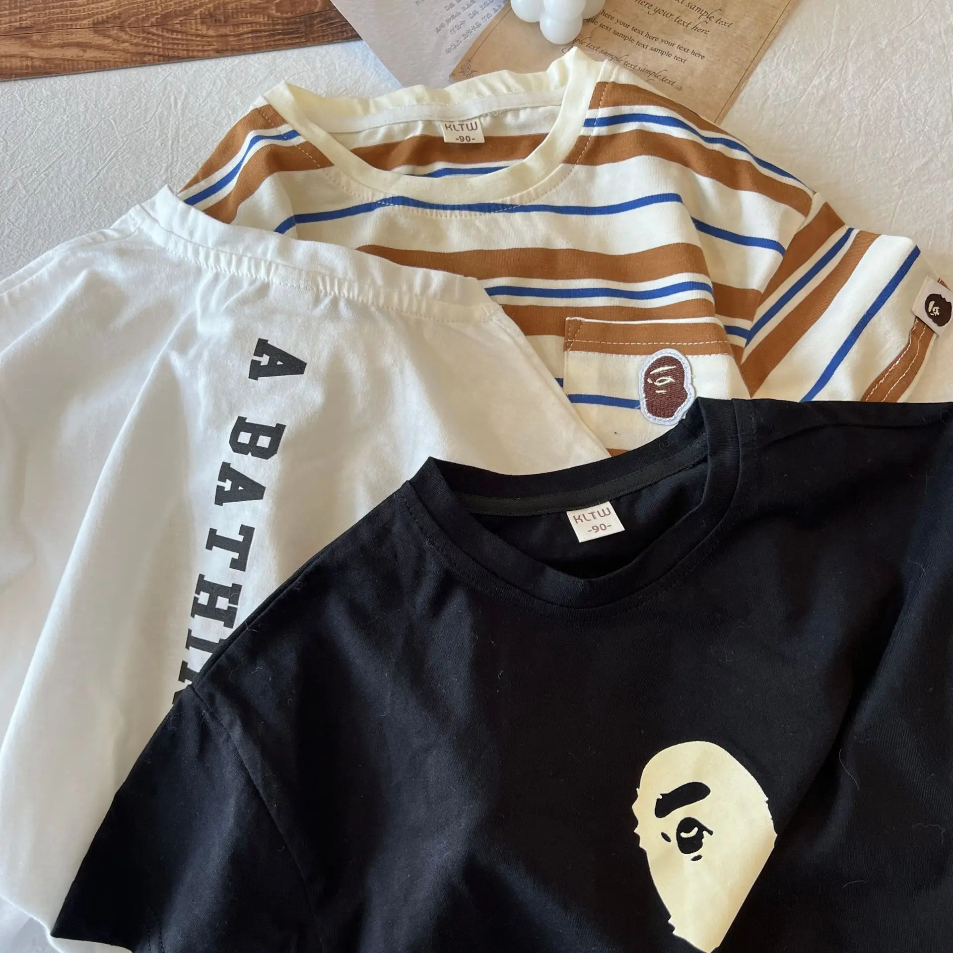 Kids Korean Letter Short Sleeve Top Black White Striped - Image 2