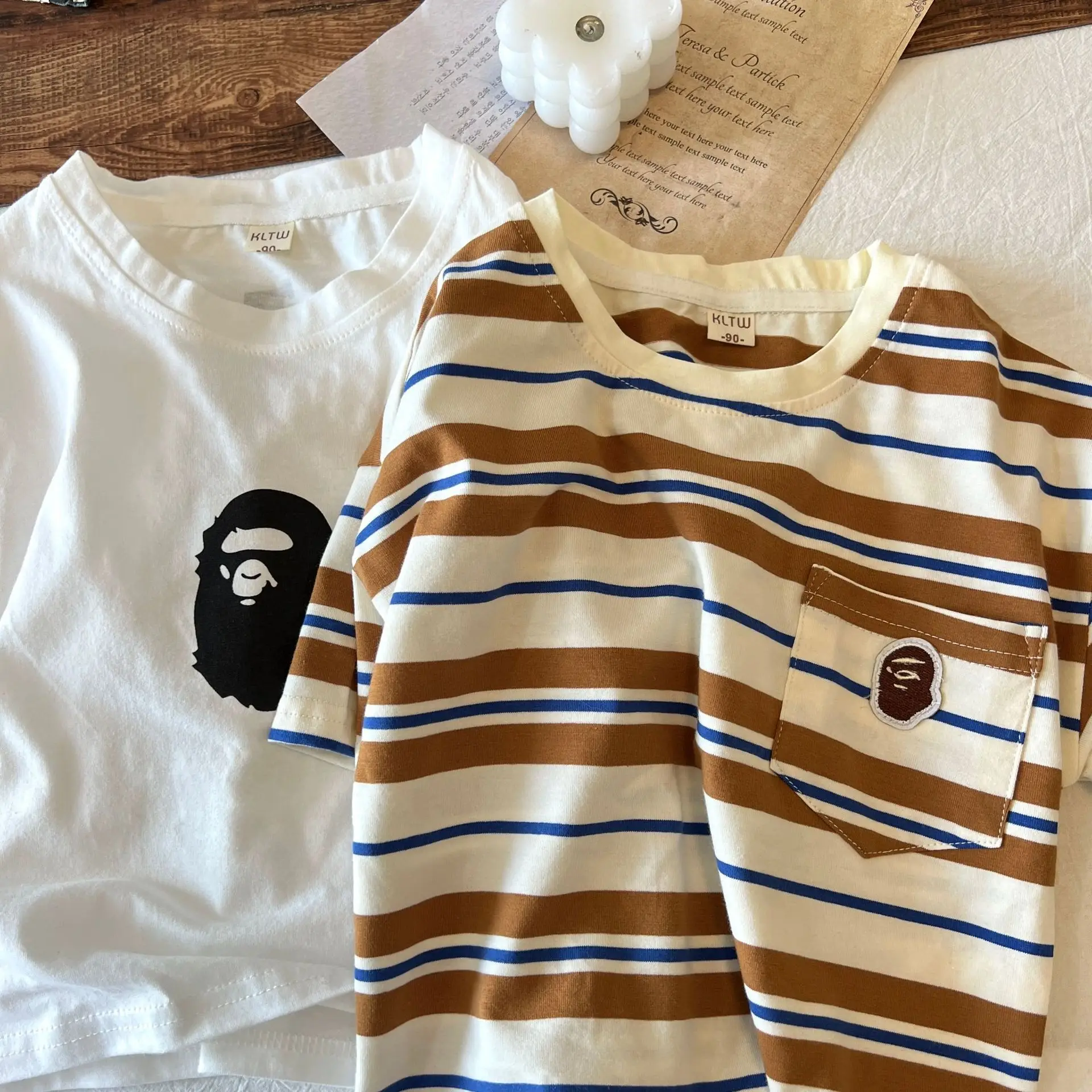 Kids Korean Letter Short Sleeve Top Black White Striped - Image 5