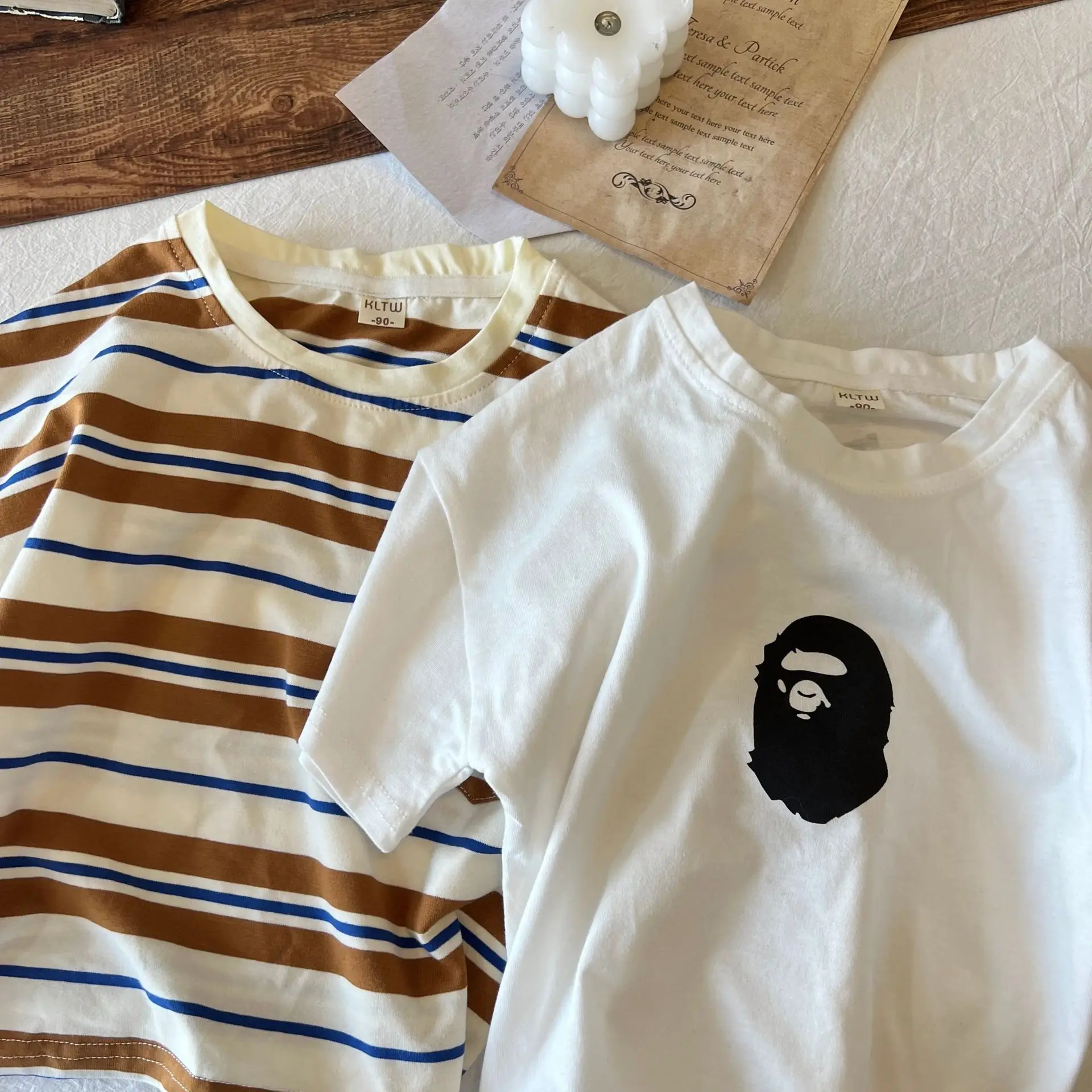 Kids Korean Letter Short Sleeve Top Black White Striped - Image 6