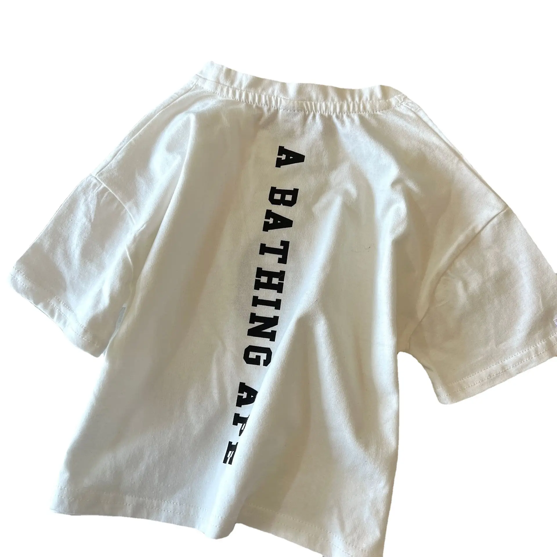 Kids Korean Letter Short Sleeve Top Black White Striped - Image 7