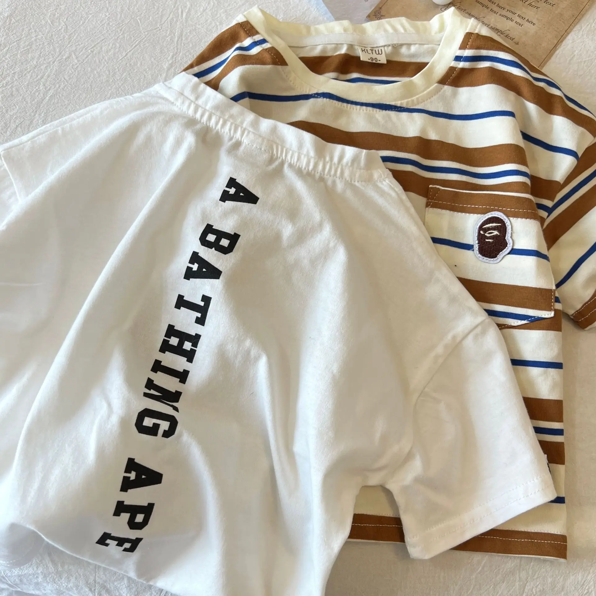 Kids Korean Letter Short Sleeve Top Black White Striped — feature 2
