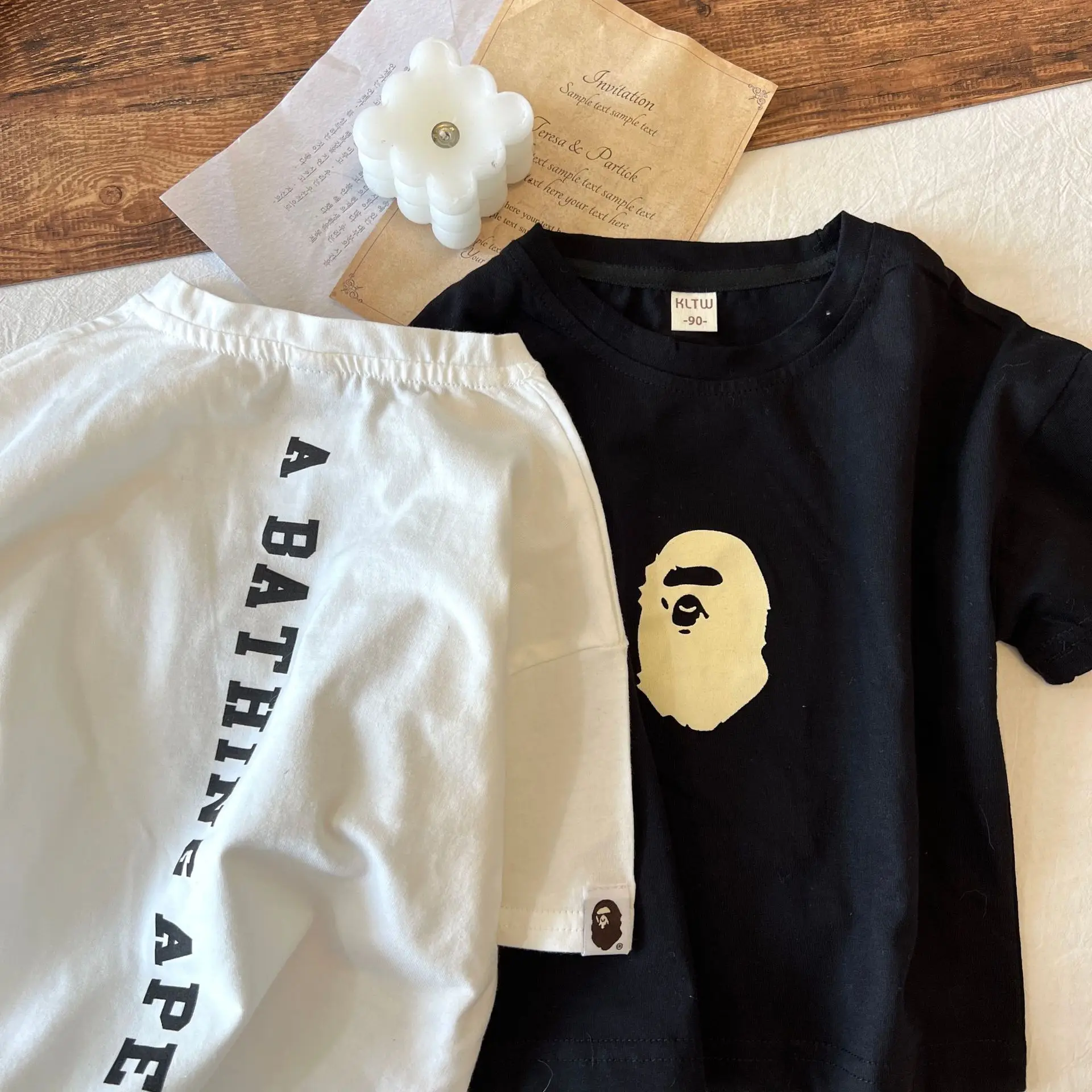 Kids Korean Letter Short Sleeve Top Black White Striped — feature 8