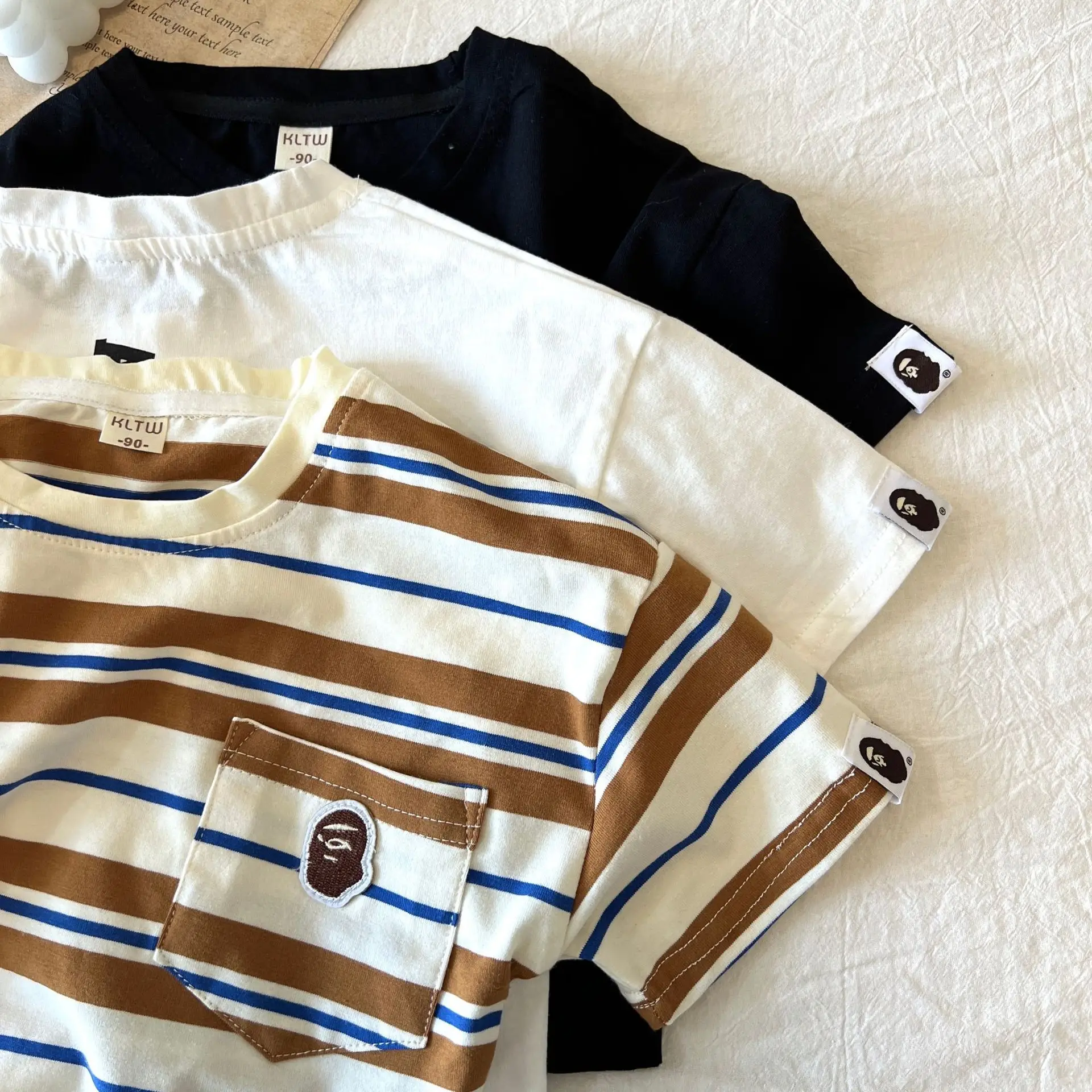 Kids Korean Letter Short Sleeve Top Black White Striped — feature 9