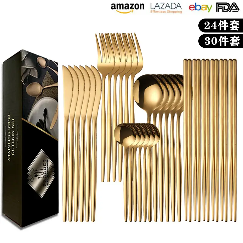 24-Piece Stainless Steel Gold Black Tableware Set