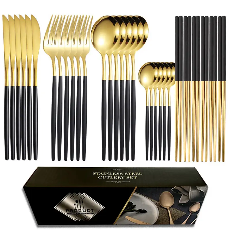 24-Piece Stainless Steel Gold Black Tableware Set — feature 24