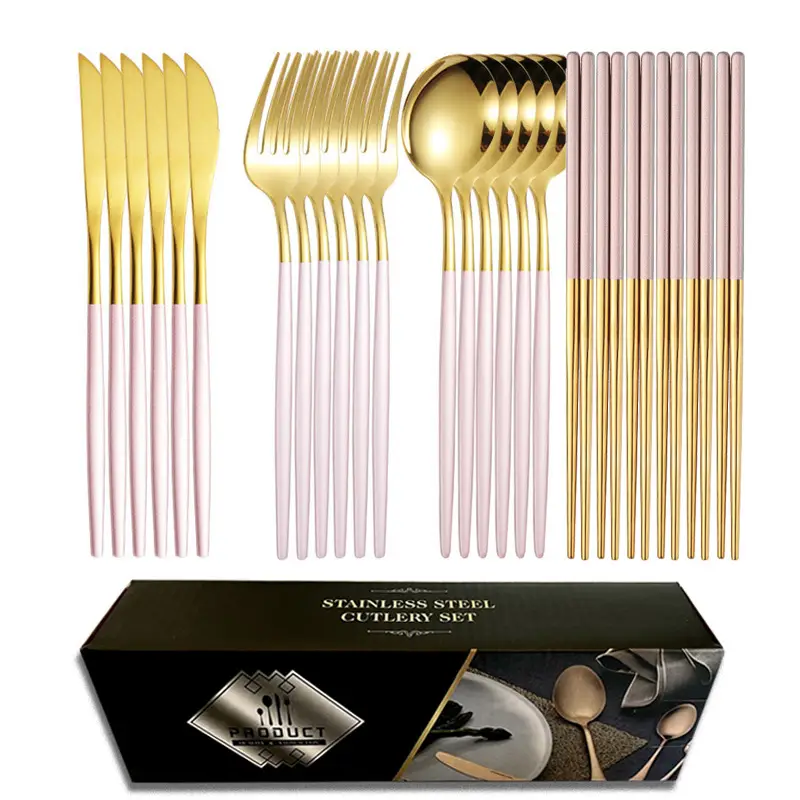 Pink gold powder [24pcs] (knife, fork, spoon, chopsticks * 6)