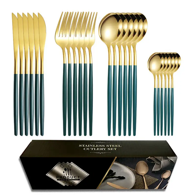 greenish-gold green gold [24pcs] (knife, fork, spoon, teaspoon * 6)