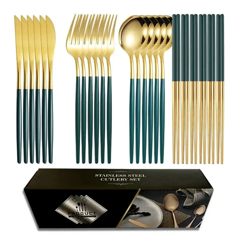 24-Piece Stainless Steel Gold Black Tableware Set