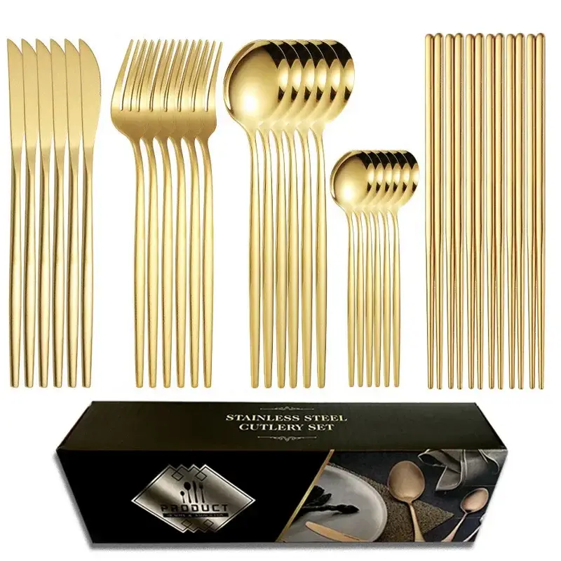24-Piece Stainless Steel Gold Black Tableware Set