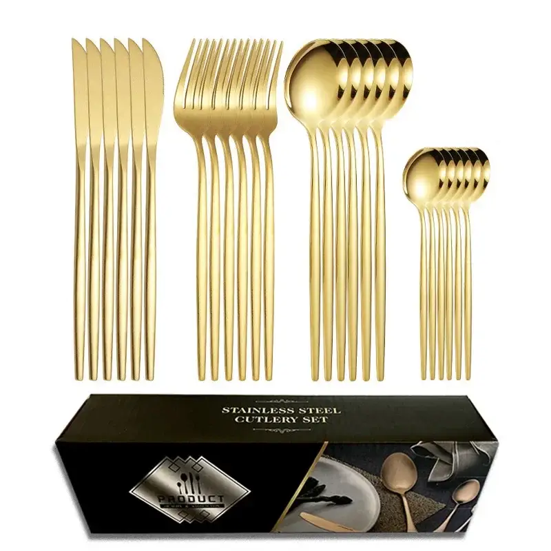 24-Piece Stainless Steel Gold Black Tableware Set