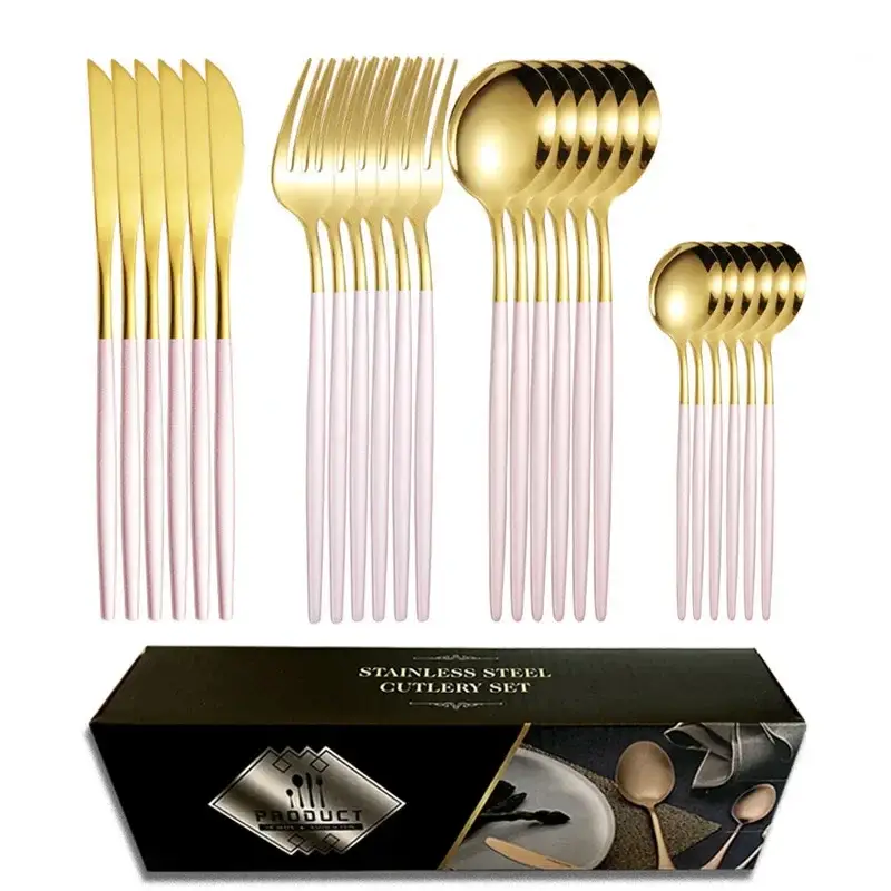 24-Piece Stainless Steel Gold Black Tableware Set