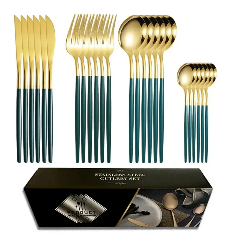 24-Piece Stainless Steel Gold Black Tableware Set