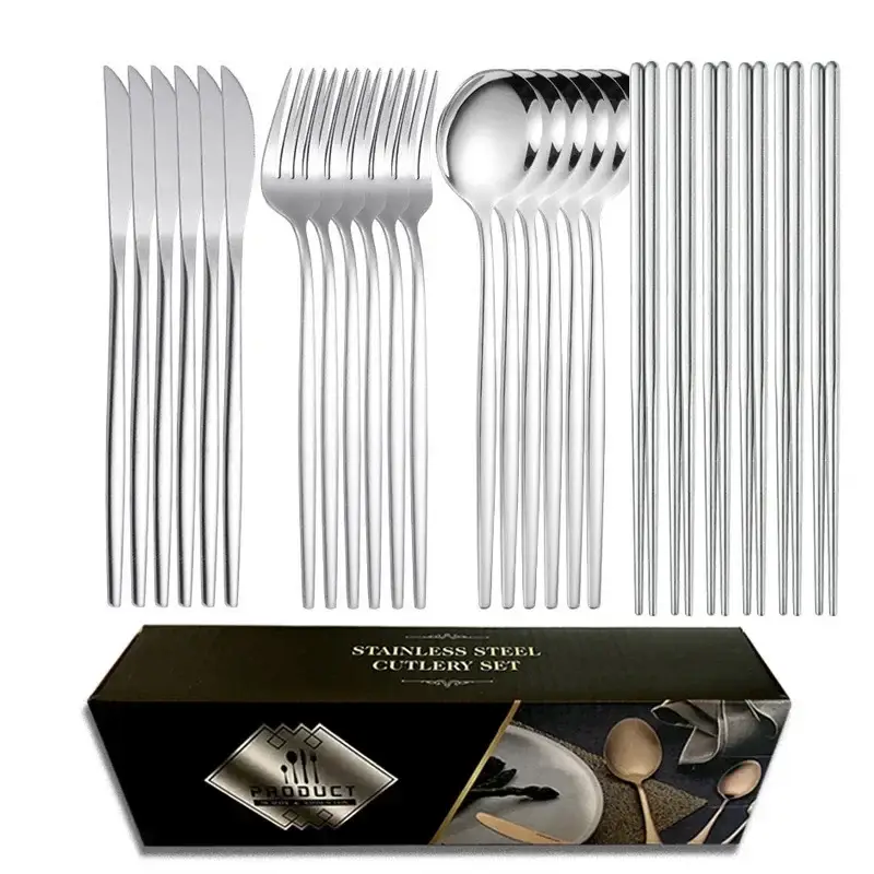 24-Piece Stainless Steel Gold Black Tableware Set