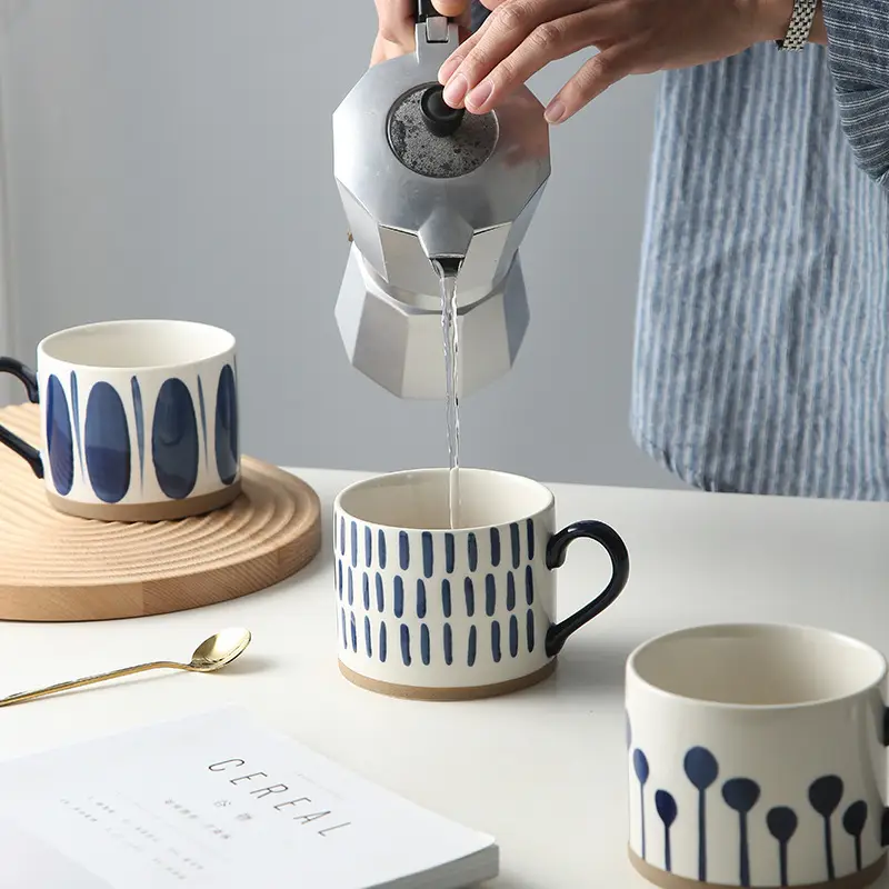 Japanese Style Stoneware Coffee Mug with Blue Dot Design - Image 11