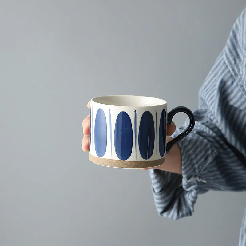 Japanese Style Stoneware Coffee Mug with Blue Dot Design - Image 12