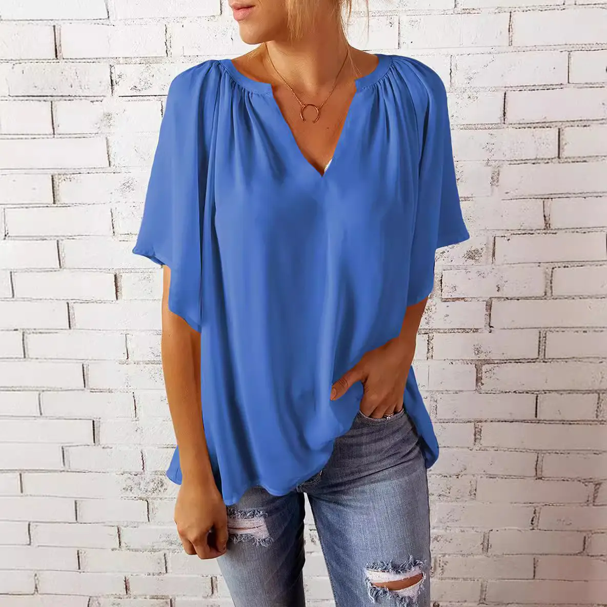 European American V-Neck Loose Sleeve T-Shirt Maroon