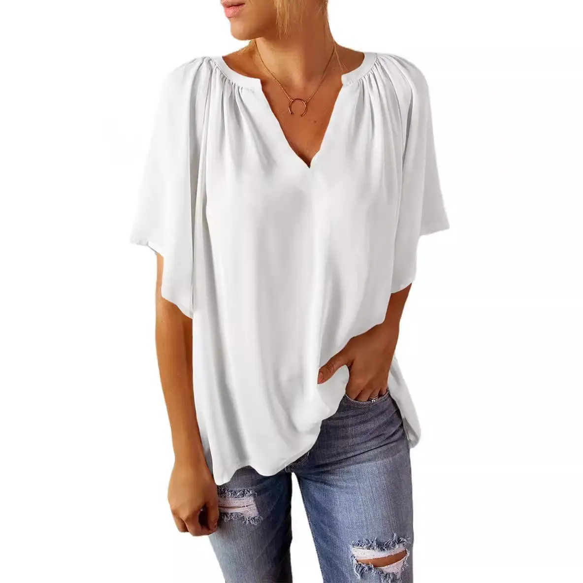 European American V-Neck Loose Sleeve T-Shirt Maroon