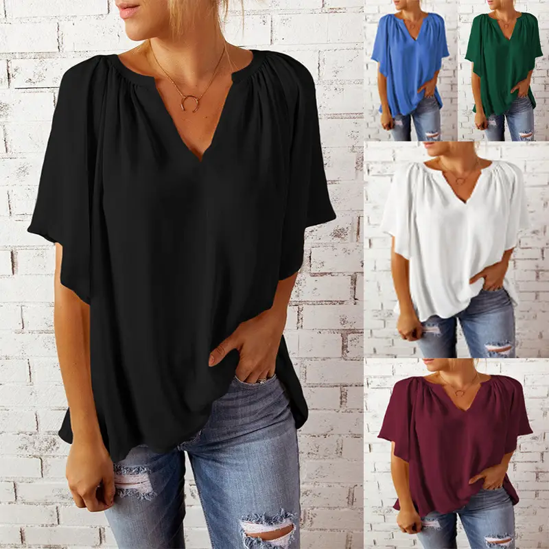 European American V-Neck Loose Sleeve T-Shirt Maroon — feature 53