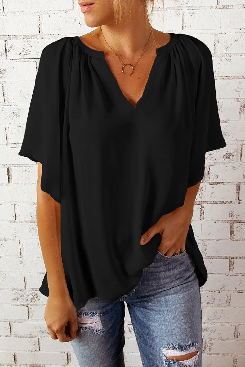 European American V-Neck Loose Sleeve T-Shirt Maroon — feature 54