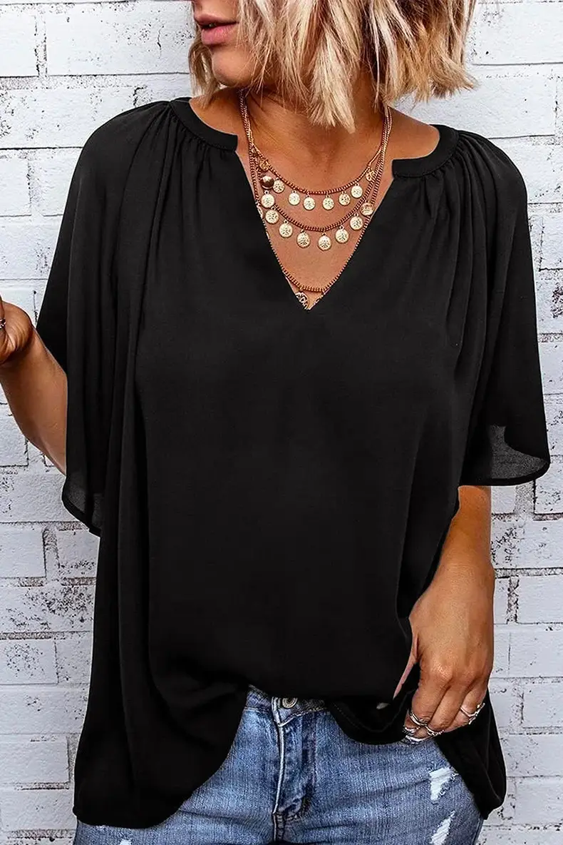 European American V-Neck Loose Sleeve T-Shirt Maroon — feature 55