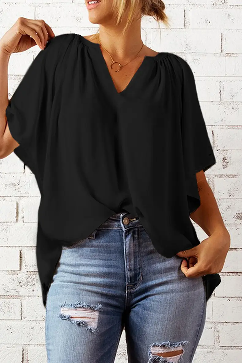 European American V-Neck Loose Sleeve T-Shirt Maroon — feature 56