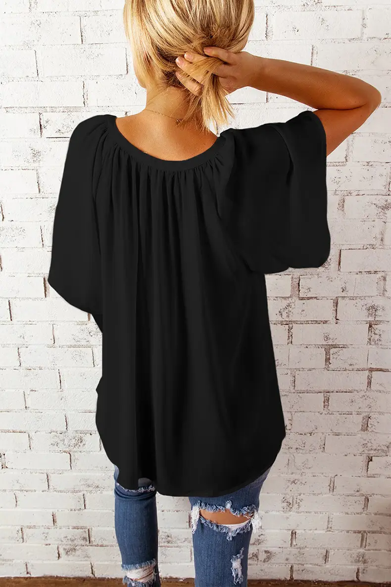 European American V-Neck Loose Sleeve T-Shirt Maroon — feature 57
