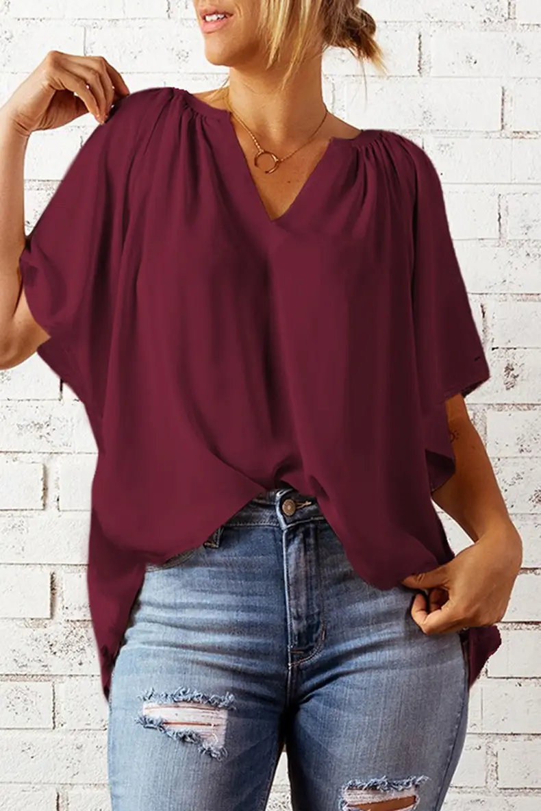 European American V-Neck Loose Sleeve T-Shirt Maroon — feature 59