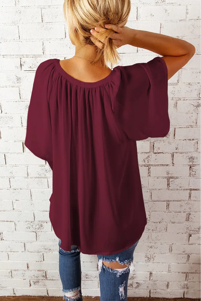 European American V-Neck Loose Sleeve T-Shirt Maroon — feature 60