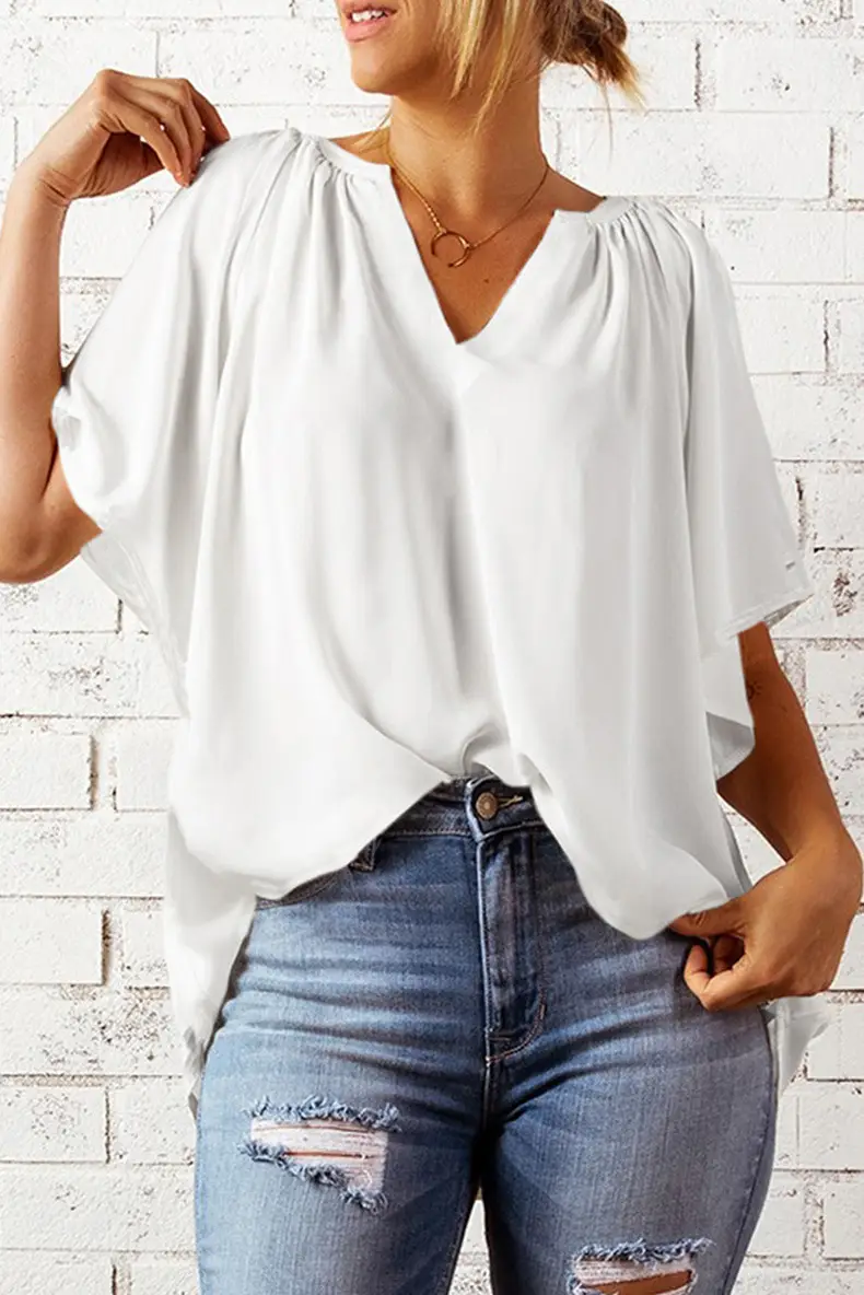 European American V-Neck Loose Sleeve T-Shirt Maroon — feature 61