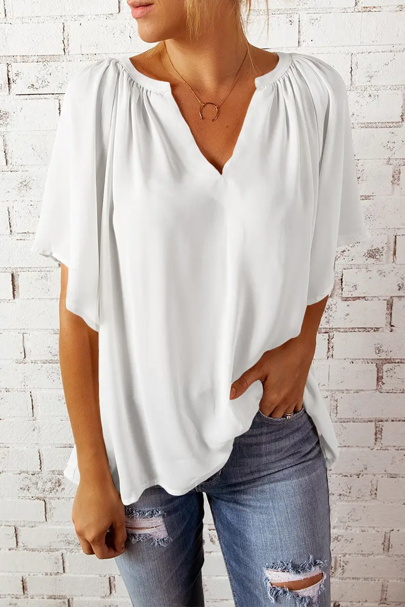 European American V-Neck Loose Sleeve T-Shirt Maroon — feature 62