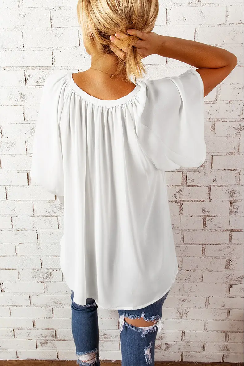 European American V-Neck Loose Sleeve T-Shirt Maroon — feature 63