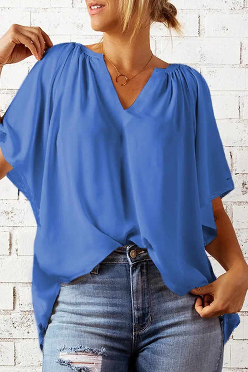European American V-Neck Loose Sleeve T-Shirt Maroon — feature 64