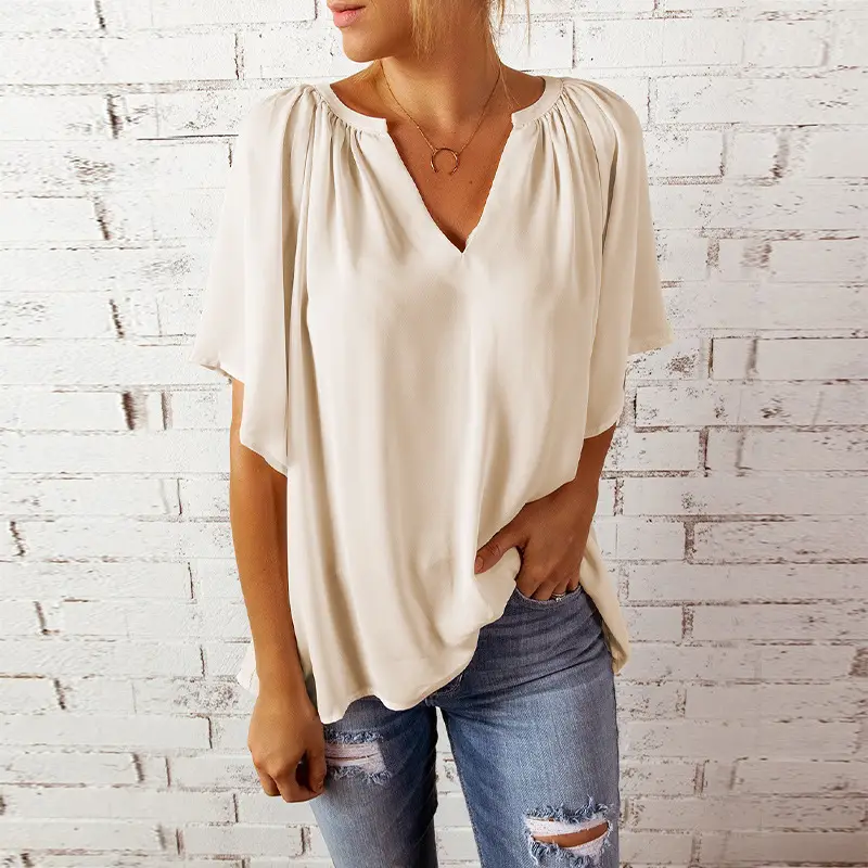 European American V-Neck Loose Sleeve T-Shirt Maroon — feature 67